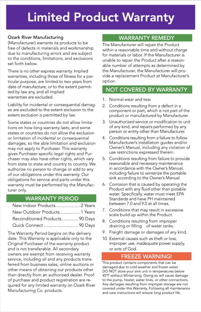 ozark river manufacturing warranty