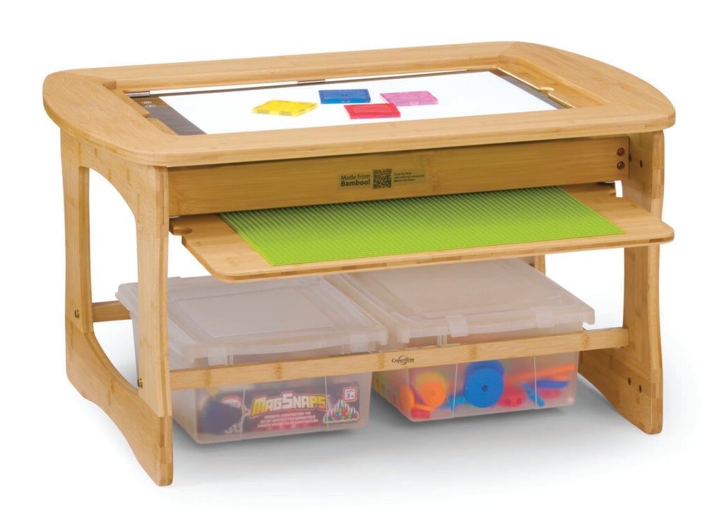 SST03 C STU Sensory Light Table Full Product Front 3 quarters clear tubs block shelf out 1 scaled 1